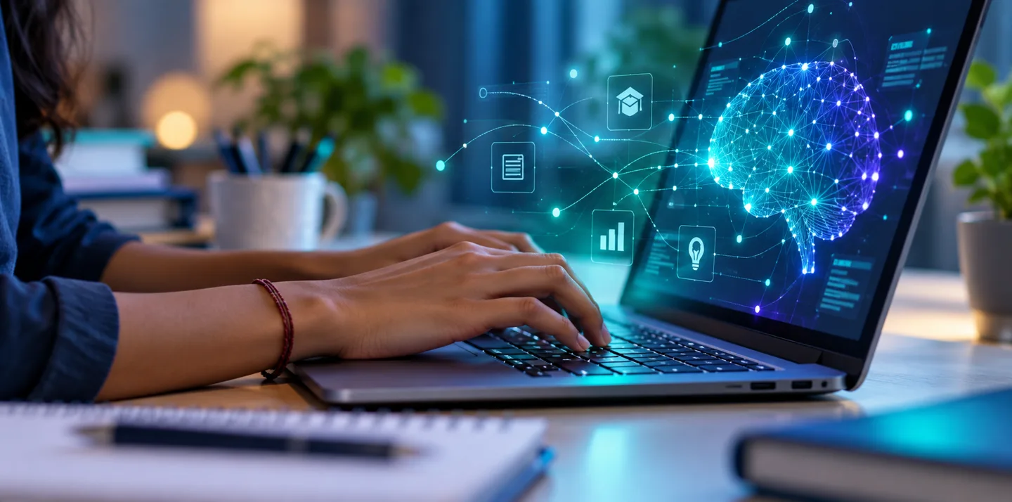 Illustrative close-up of a learner working with AI on a laptop